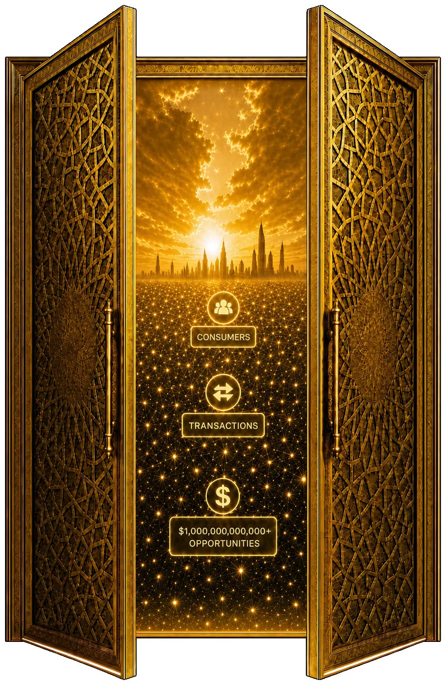 Golden ornate double doors opening to reveal a trillion-dollar market opportunity