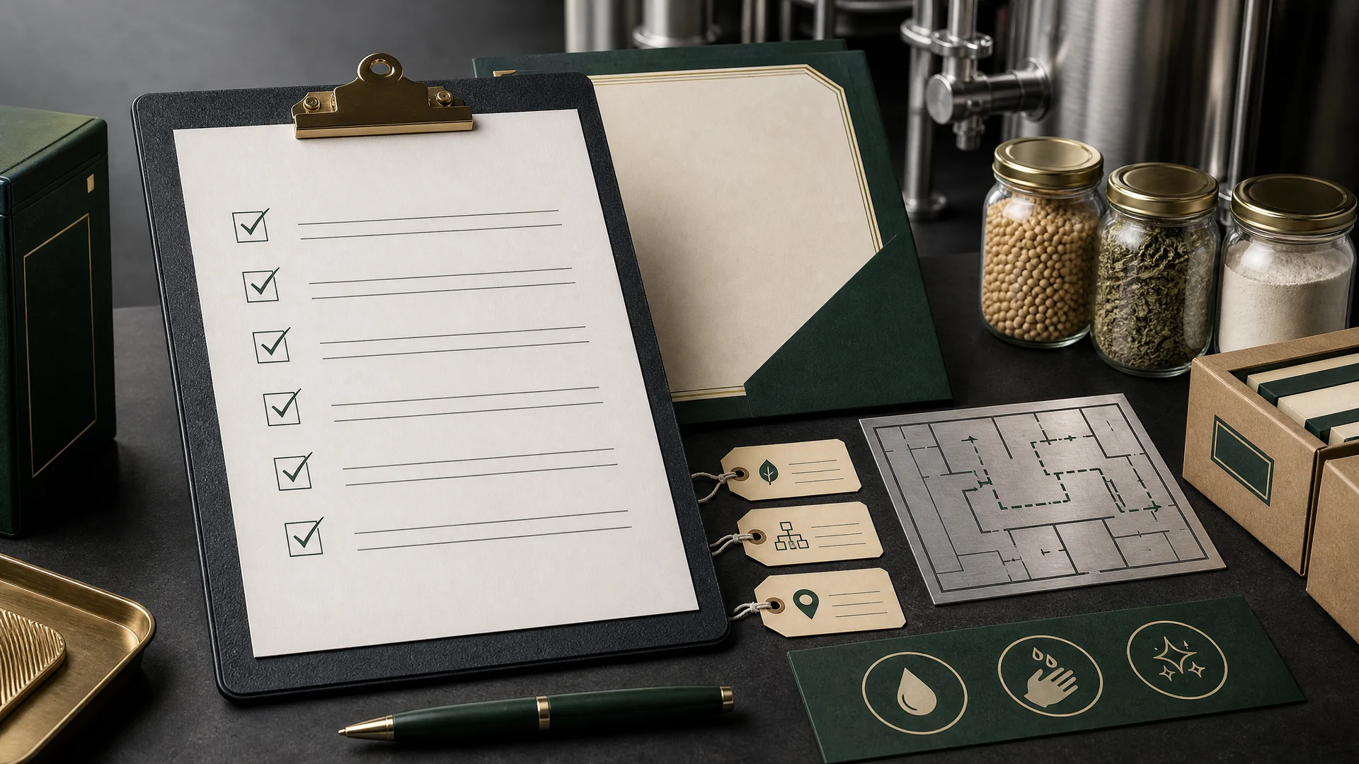 Halal audit checklist with certification documents, facility plans, traceability records, and sanitation controls