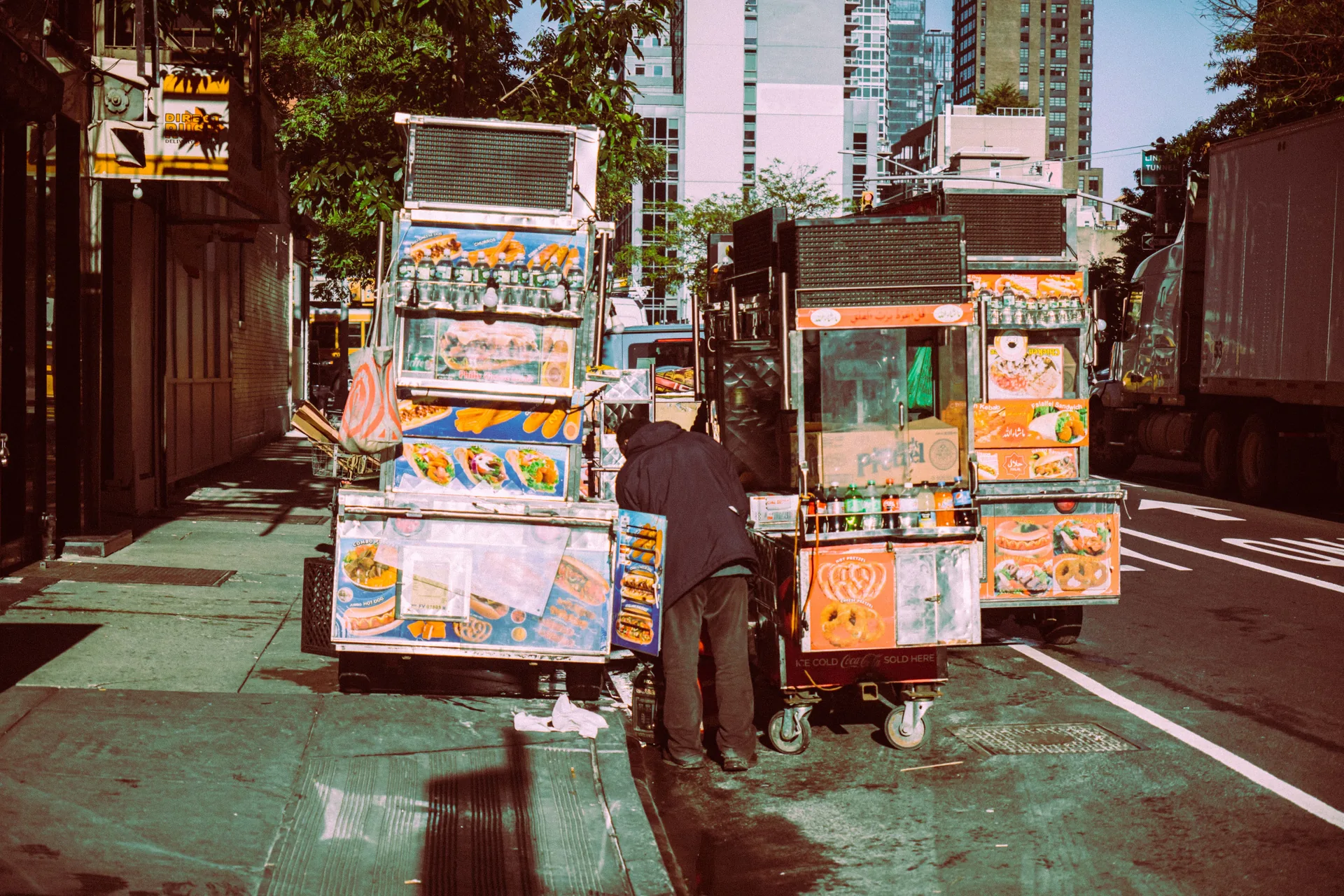 Colorful food carts on a sunny New York City street